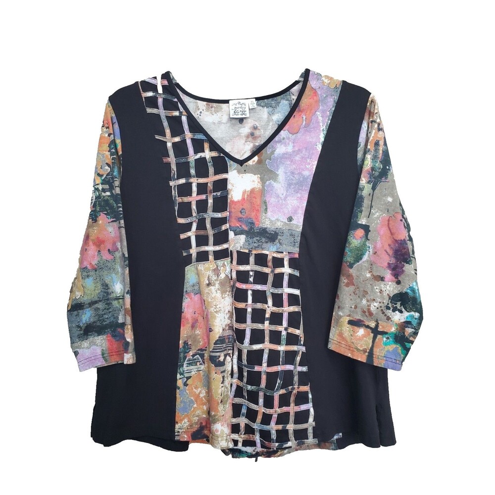 Parsley & Sage Artsy Black Mixed Print Patchwork 3/4 Sleeve Knit Top Size XL
